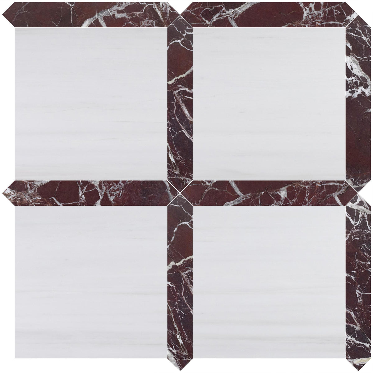 Glacier White Select Honed 12&#39;&#39; x 12&#39;&#39;  x 3/8&#39;&#39; Field Tile &amp; Rosso Levanto Honed Picket 2&#39;&#39;x12&#39;&#39; 3/8&#39;&#39; Field Tile | Picket Square