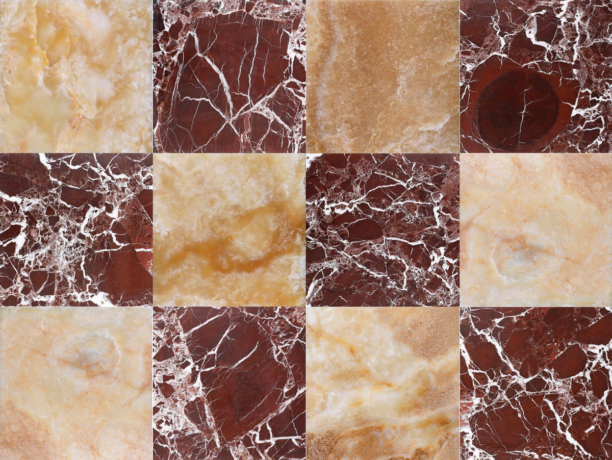 Amber Onyx Polished &amp; Rosso Levanto Polished 12&#39;&#39; x 12&#39;&#39;  x 3/8&#39;&#39; Checker Board Field Tile