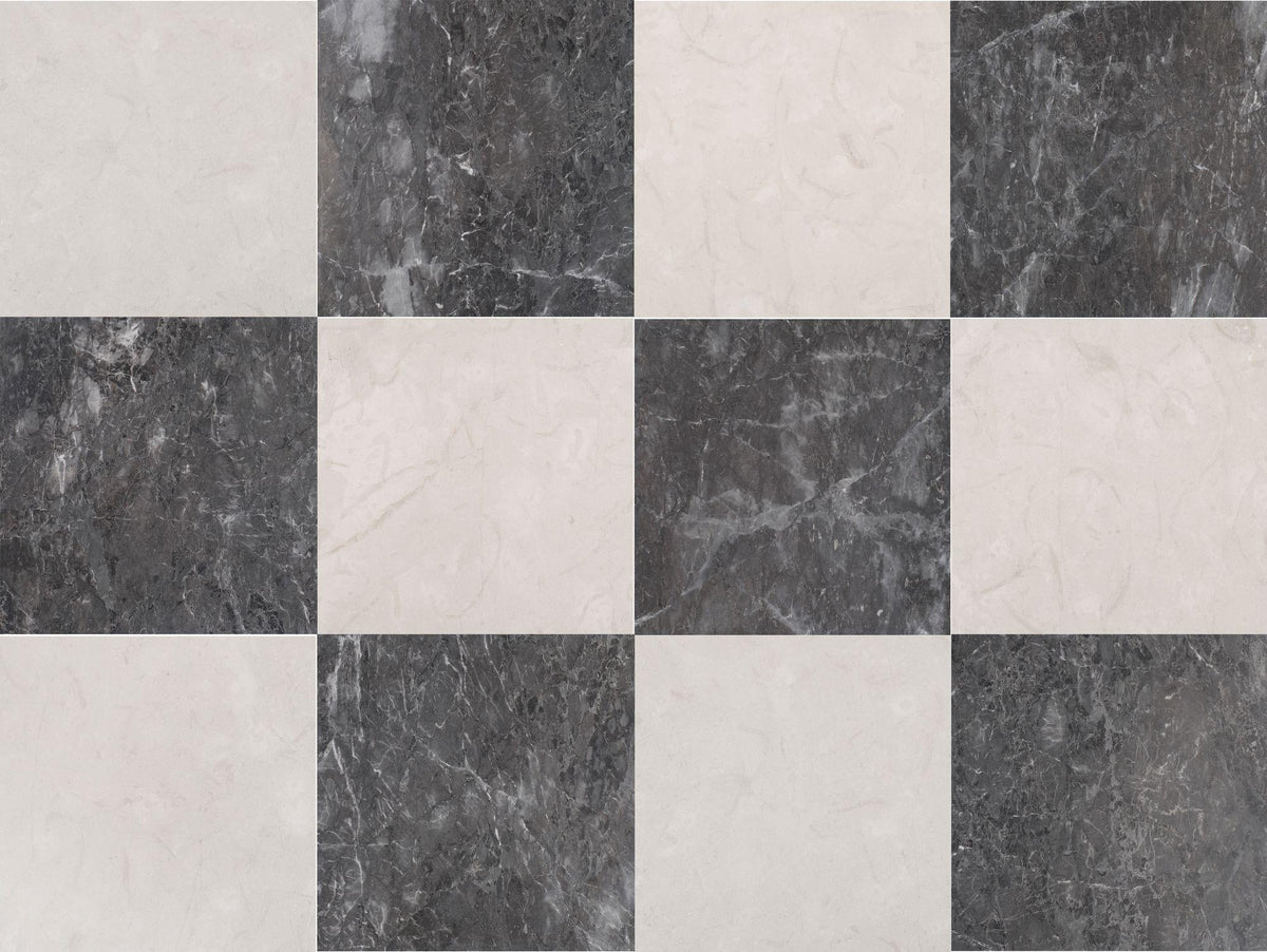 Aero Cream Honed &amp; Lovina Grey Honed 18&#39;&#39; x 18&#39;&#39;  x 1/2&#39;&#39; Checker Board Field Tile