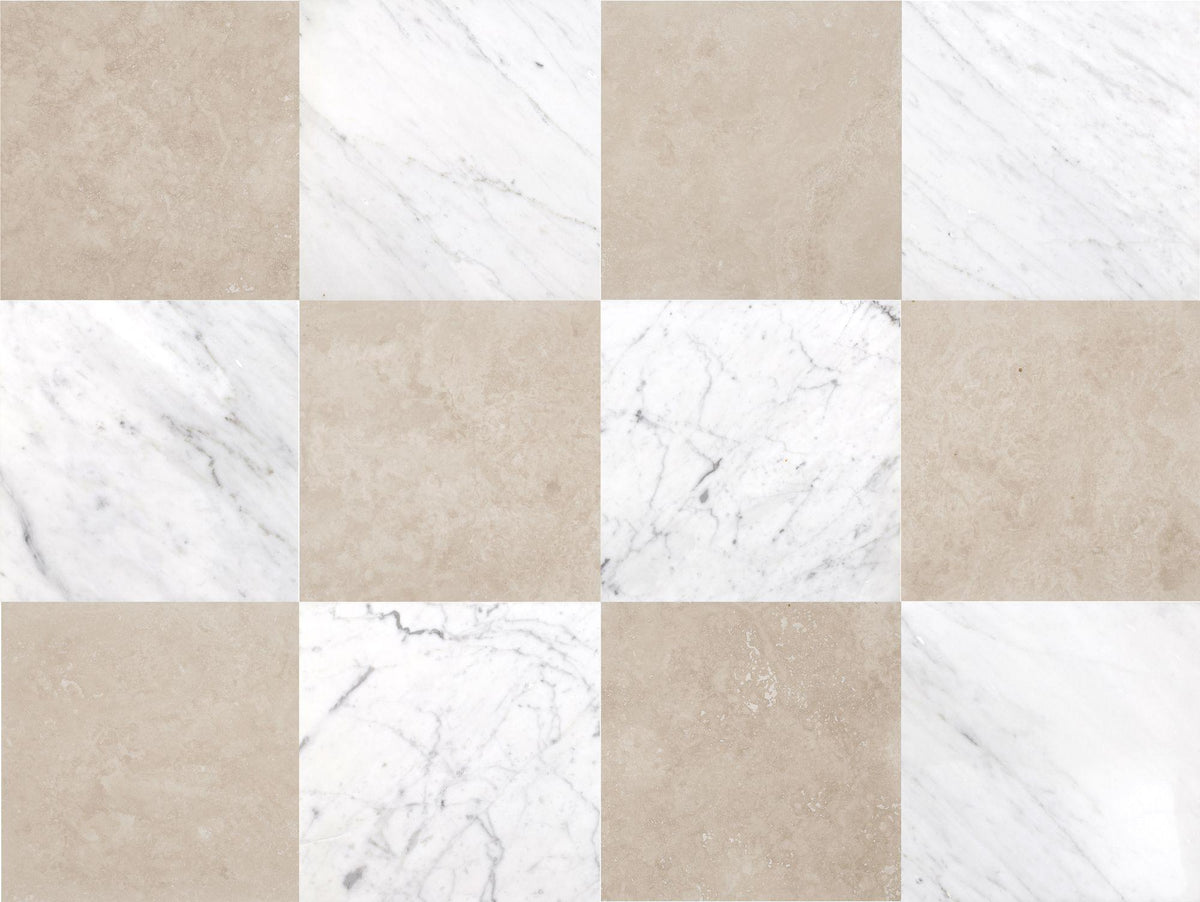 Bianco Carrara Honed &amp; Classic Light CC Honed 12&#39;&#39; x 12&#39;&#39;  x 3/8&#39;&#39; Checker Board Field Tile