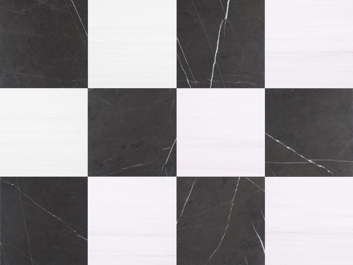 Glacier White Alanur Honed &amp; Mount Grey Plain Honed 12&#39;&#39; x 12&#39;&#39;  x 3/8&#39;&#39; Checker Board Field Tile