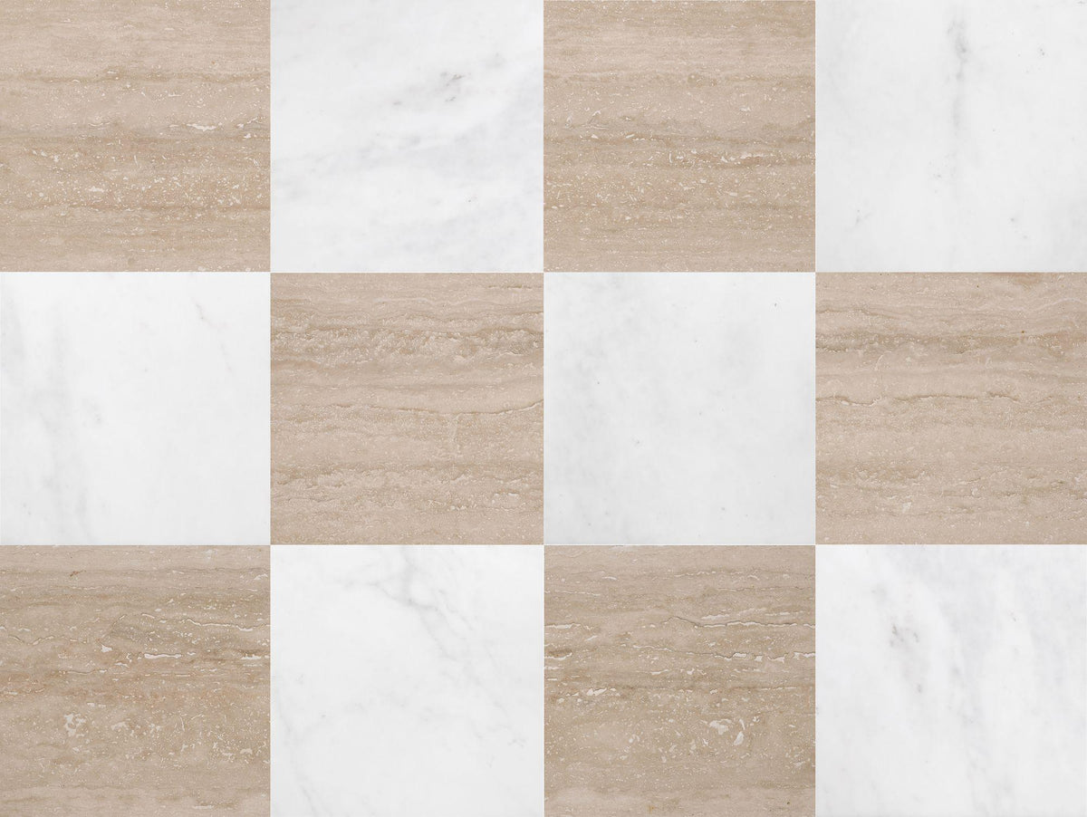 Afyon White Honed &amp; Classic Light VC Honed 12&#39;&#39; x 12&#39;&#39;  x 3/8&#39;&#39; Checker Board Field Tile