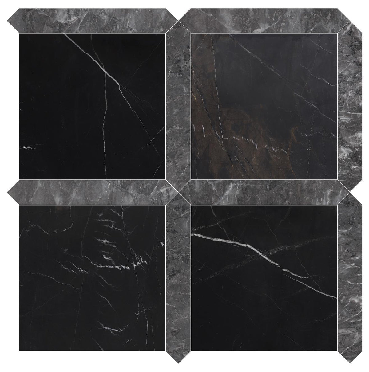 Black Silk Honed 12&#39;&#39; x 12&#39;&#39;  x 3/8&#39;&#39; Field Tile &amp; Lovina Grey Honed Picket 2&#39;&#39;x12&#39;&#39; 3/8&#39;&#39; Field Tile | Picket Square