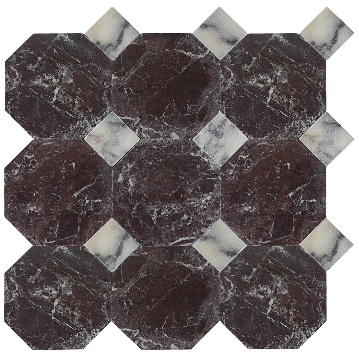 Rosso Levanto Tumbled Octagon 8&#39;&#39; 3/8&#39;&#39; Field Tile &amp; Calacatta Viola Tumbled 3&#39;&#39; x 3&#39;&#39;  x 3/8&#39;&#39; Field Tile | Octagon with Cabochon