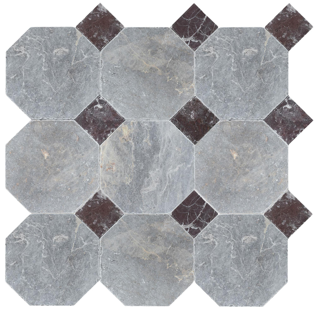 North Sky Tumbled Octagon 8&#39;&#39; 3/8&#39;&#39; Field Tile &amp; Rosso Levanto Tumbled 3&#39;&#39; x 3&#39;&#39;  x 3/8&#39;&#39; Field Tile | Octagon with Cabochon