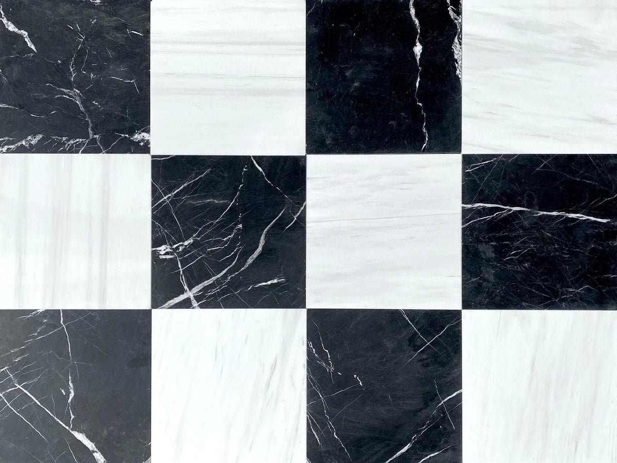 Black Silk &amp; Glacier White 12&#39;&#39; x 12&#39;&#39; Honed Checker Board