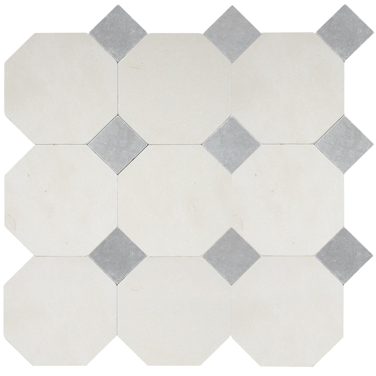 Simena Tumbled Octagon 8&#39;&#39; 3/8&#39;&#39; Field Tile &amp; Earth Grey Tumbled 3&#39;&#39; x 3&#39;&#39;  x 3/8&#39;&#39; Field Tile | Octagon with Cabochon