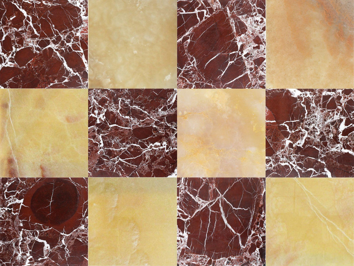 Honey Onyx Polished &amp; Rosso Levanto Polished 12&#39;&#39; x 12&#39;&#39;  x 3/8&#39;&#39; Checker Board Field Tile