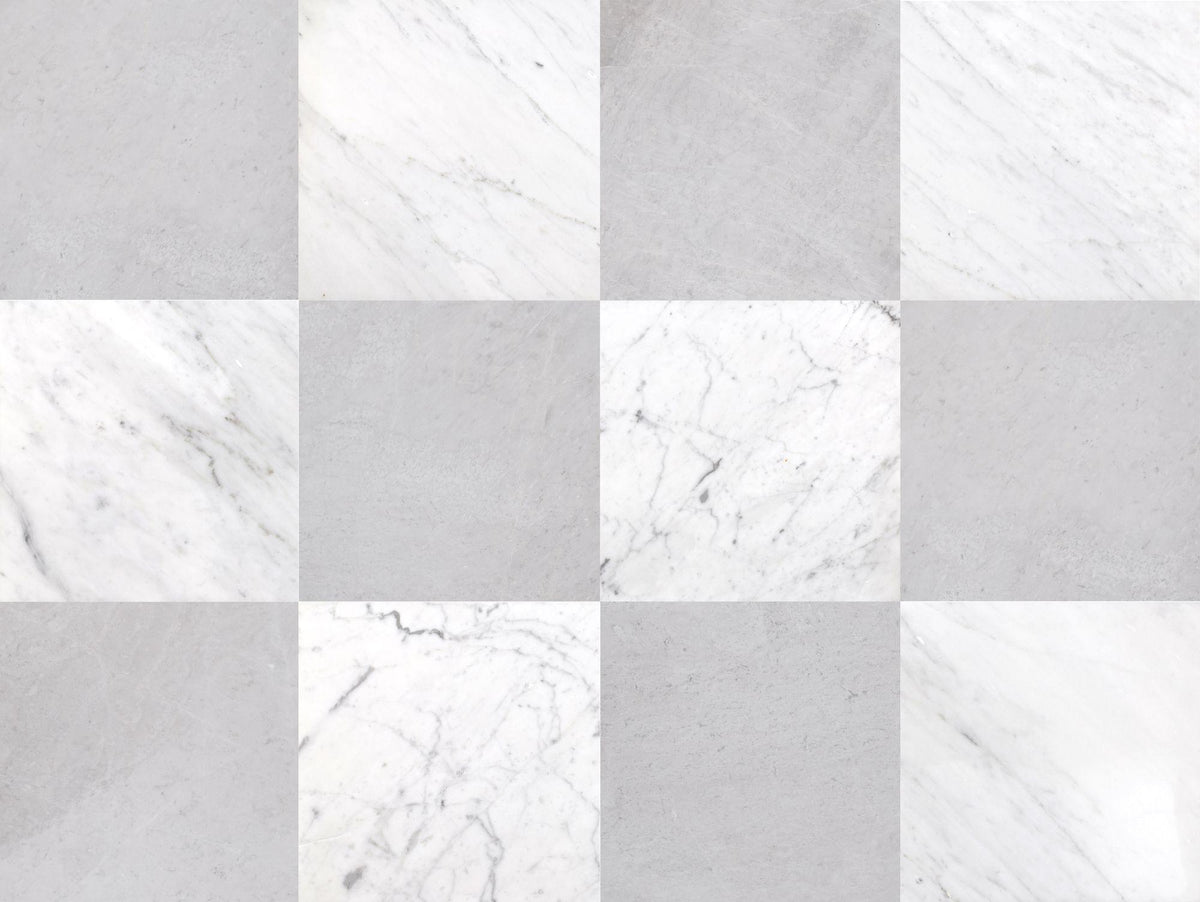 Bianco Carrara Honed &amp; Ice Grey Honed 12&#39;&#39; x 12&#39;&#39;  x 3/8&#39;&#39; Checker Board Field Tile