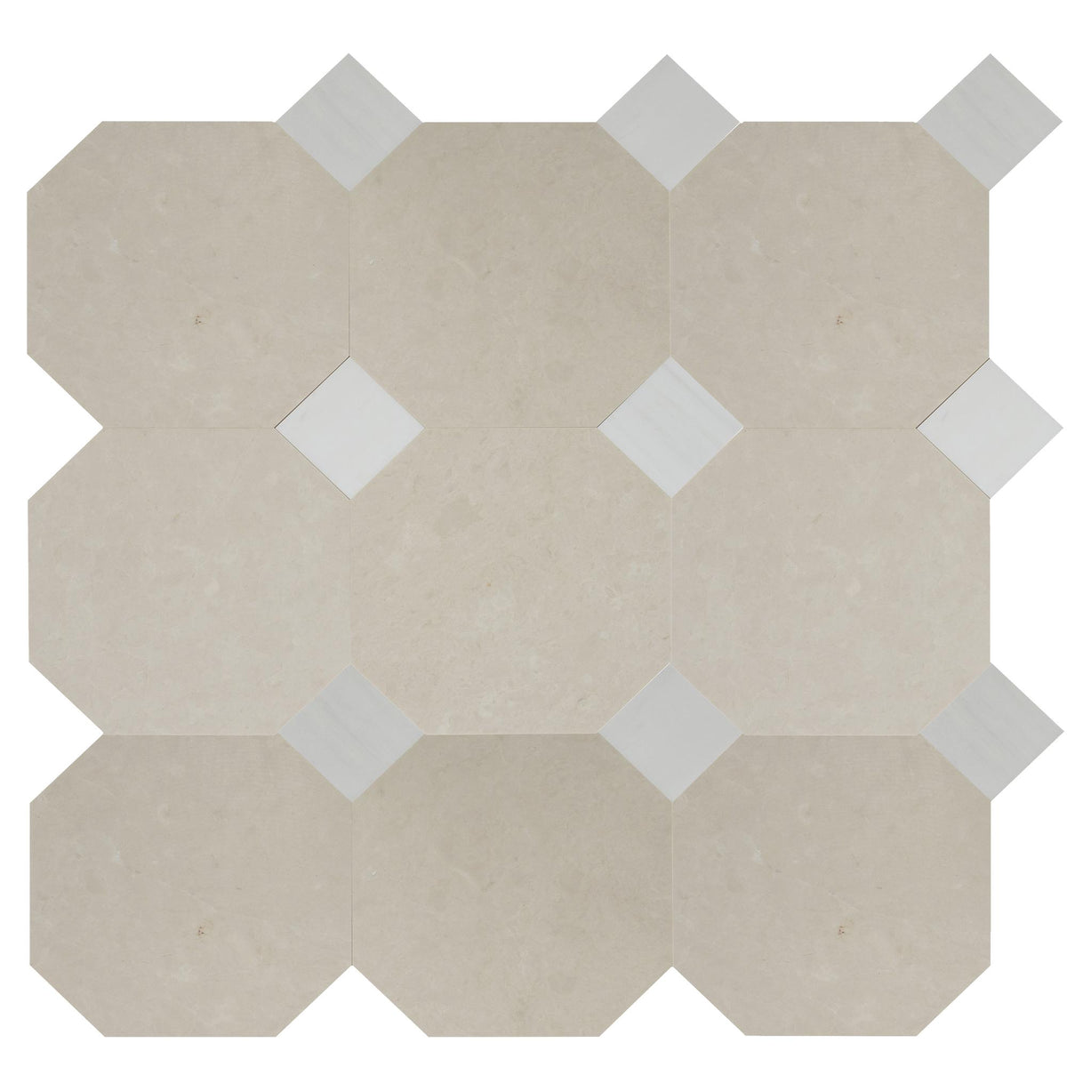 Crema Ella Honed Octagon 12&#39;&#39; 3/8&#39;&#39; Field Tile &amp; Glacier White Honed 4&#39;&#39; x 4&#39;&#39;  x 3/8&#39;&#39; Field Tile | Octagon with Cabochon