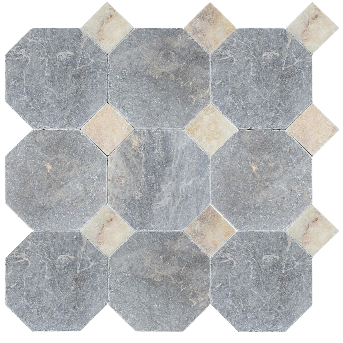 North Sky Tumbled Octagon 8&#39;&#39; 3/8&#39;&#39; Field Tile &amp; Amber Onyx Tumbled 3&#39;&#39; x 3&#39;&#39;  x 3/8&#39;&#39; Field Tile | Octagon with Cabochon