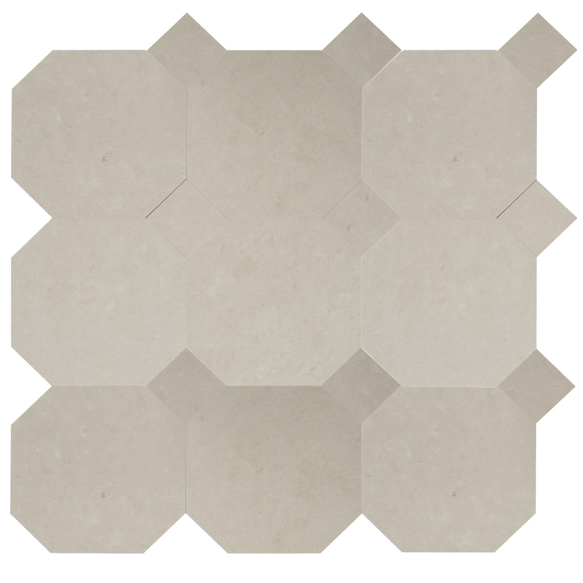 Crema Ella Honed Octagon 12&#39;&#39; 3/8&#39;&#39; Field Tile &amp; Crema Ella Honed 4&#39;&#39; x 4&#39;&#39;  x 3/8&#39;&#39; Field Tile | Octagon with Cabochon