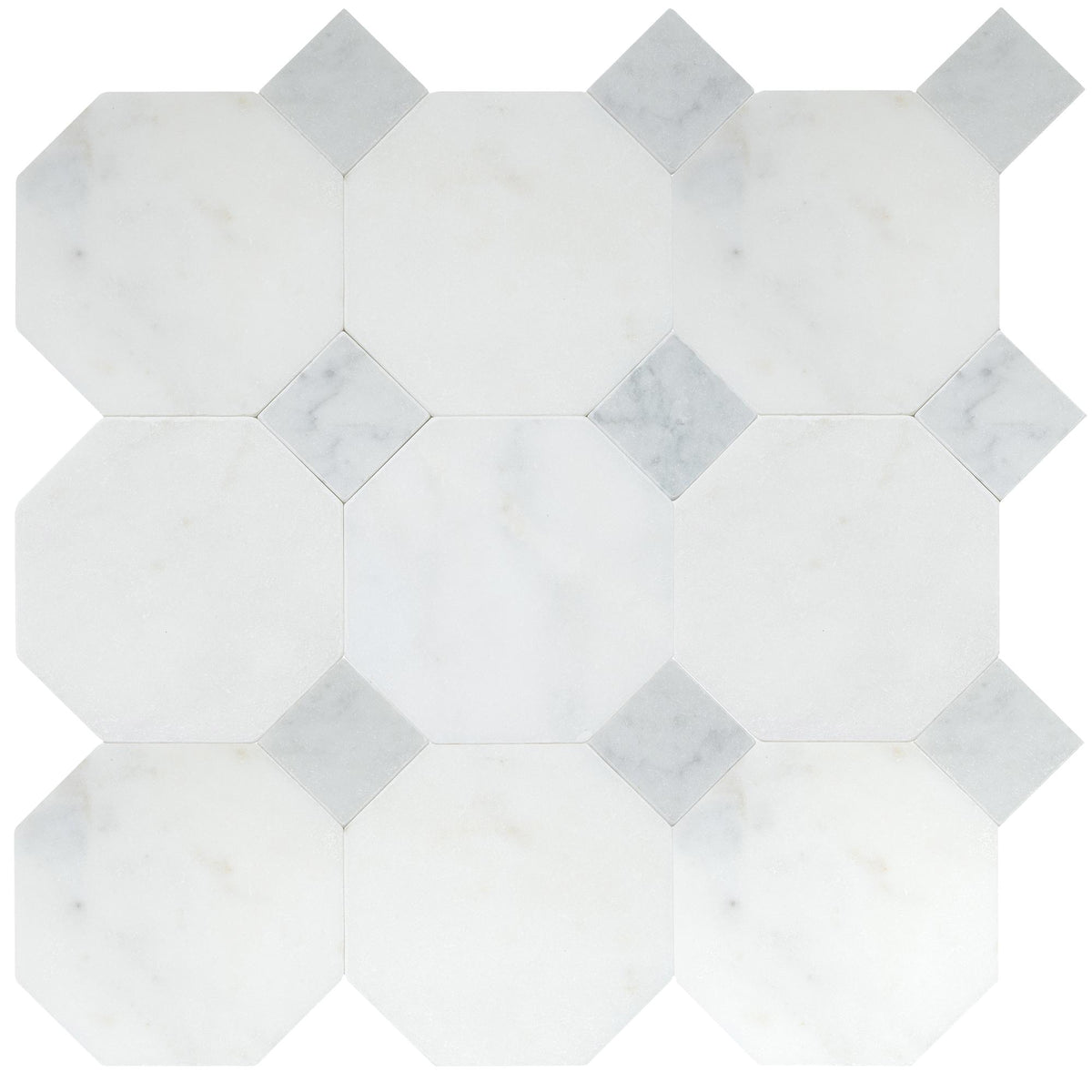 Afyon White Tumbled Octagon 8&#39;&#39; 3/8&#39;&#39; Field Tile &amp; Bianco Carrara Tumbled 3&#39;&#39; x 3&#39;&#39;  x 3/8&#39;&#39; Field Tile | Octagon with Cabochon