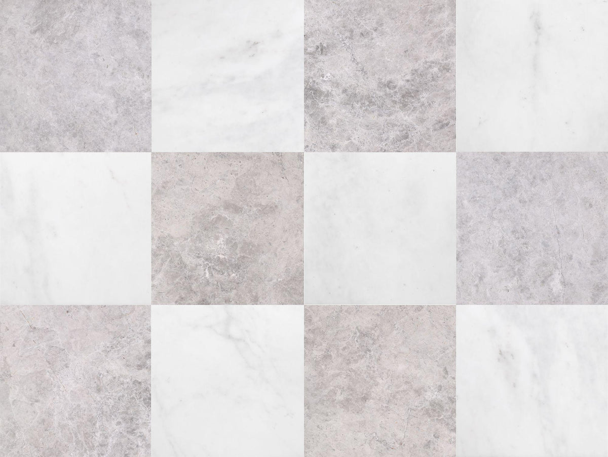 Afyon White Honed &amp; Tundra Grey Honed 12&#39;&#39; x 12&#39;&#39;  x 3/8&#39;&#39; Checker Board Field Tile