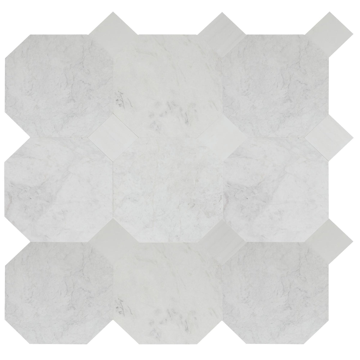 Elegantia Honed Octagon 12&#39;&#39; 3/8&#39;&#39; Field Tile &amp; Glacier White Honed 4&#39;&#39; x 4&#39;&#39;  x 3/8&#39;&#39; Field Tile | Octagon with Cabochon