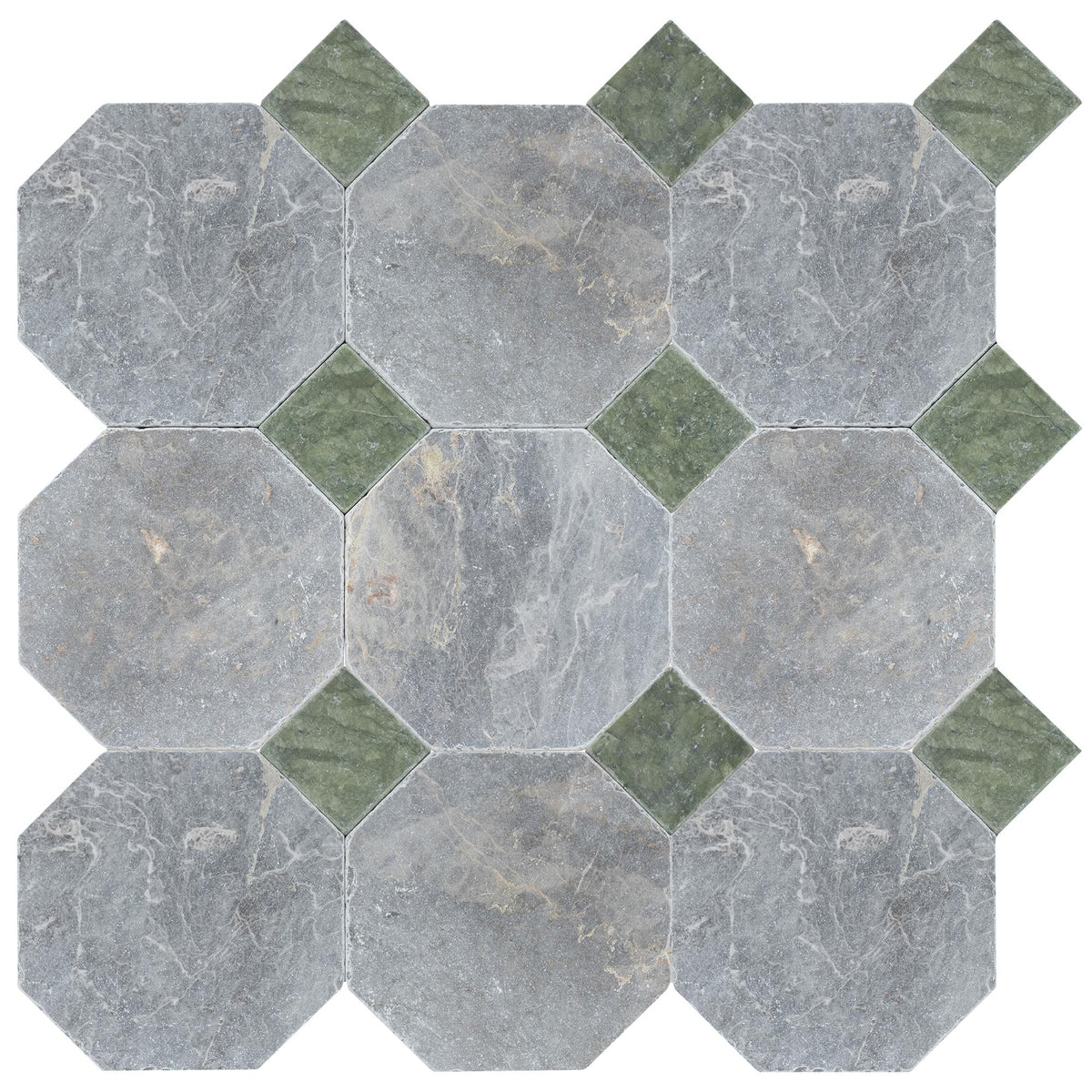 North Sky Tumbled Octagon 8&#39;&#39; 3/8&#39;&#39; Field Tile &amp; Verde Ming Tumbled 3&#39;&#39; x 3&#39;&#39;  x 3/8&#39;&#39; Field Tile | Octagon with Cabochon