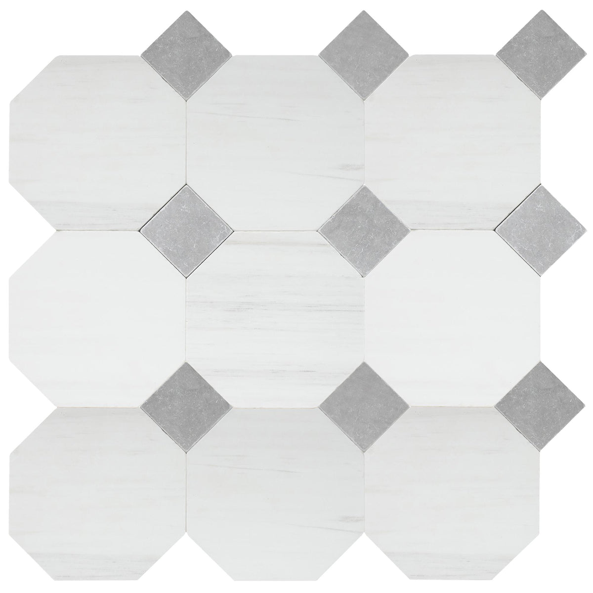 Glacier White Tumbled Octagon 8&#39;&#39; 3/8&#39;&#39; Field Tile &amp; Earth Grey Tumbled 3&#39;&#39; x 3&#39;&#39;  x 3/8&#39;&#39; Field Tile | Octagon with Cabochon