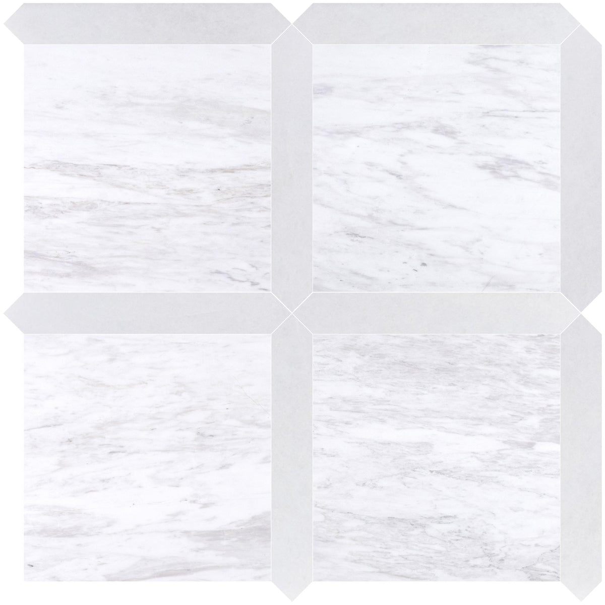 Volakas Honed 12&#39;&#39; x 12&#39;&#39;  x 3/8&#39;&#39; Field Tile &amp; Afyon White Honed Picket 2&#39;&#39;x12&#39;&#39; 3/8&#39;&#39; Field Tile | Picket Square