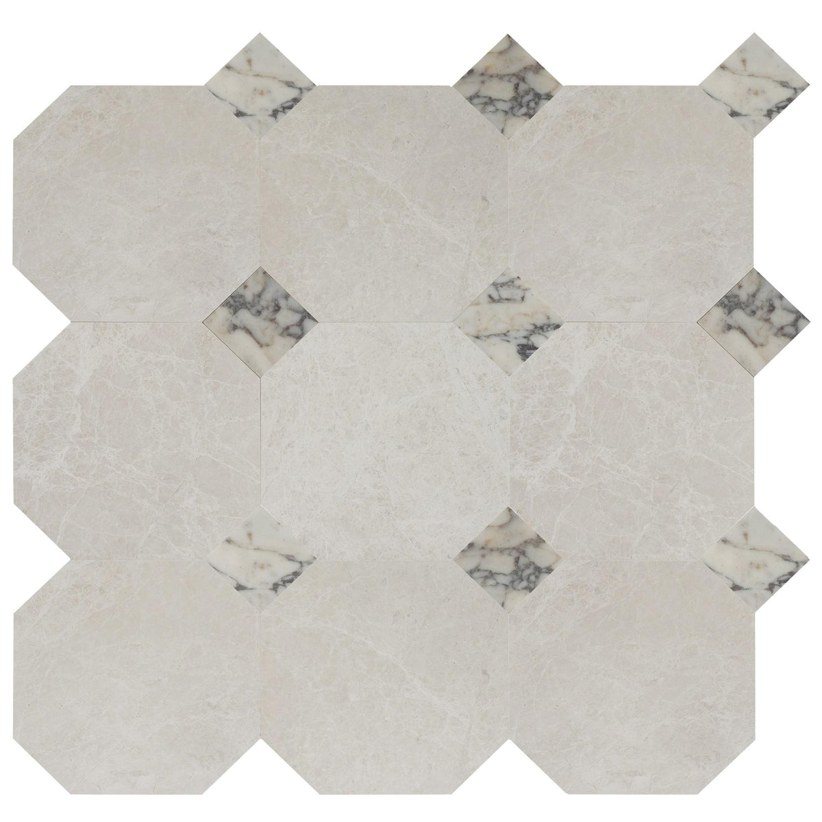 Vanillish Pearl Honed Octagon 12&#39;&#39; 3/8&#39;&#39; Field Tile &amp; Calacatta Viola Honed 4&#39;&#39; x 4&#39;&#39;  x 3/8&#39;&#39; Field Tile | Octagon with Cabochon