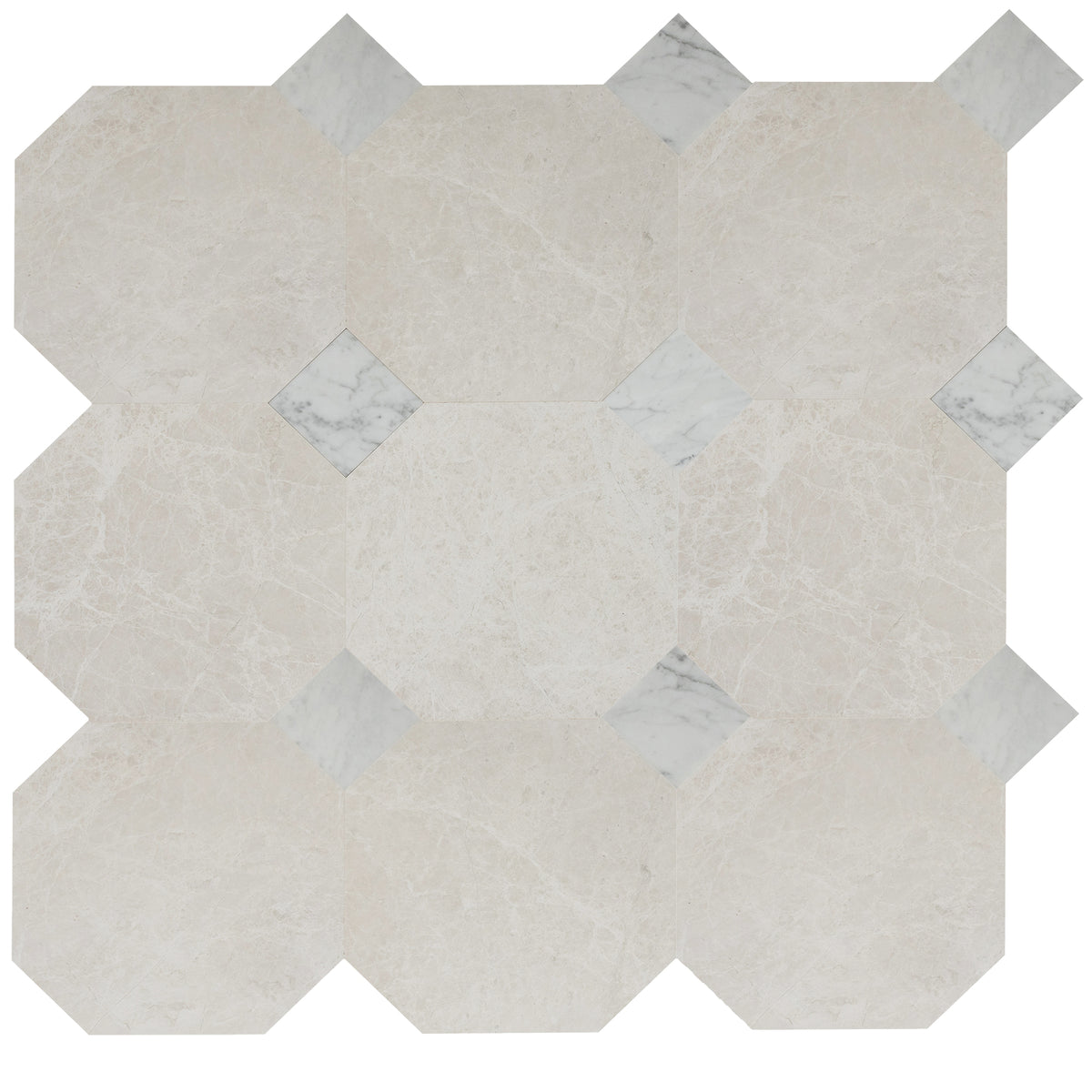 Lovina Grey Tumbled Octagon 8&#39;&#39; 3/8&#39;&#39; Field Tile &amp; Bianco Carrara Tumbled 3&#39;&#39; x 3&#39;&#39; x 3/8&#39;&#39; Field Tile | Octagon with Cabochon