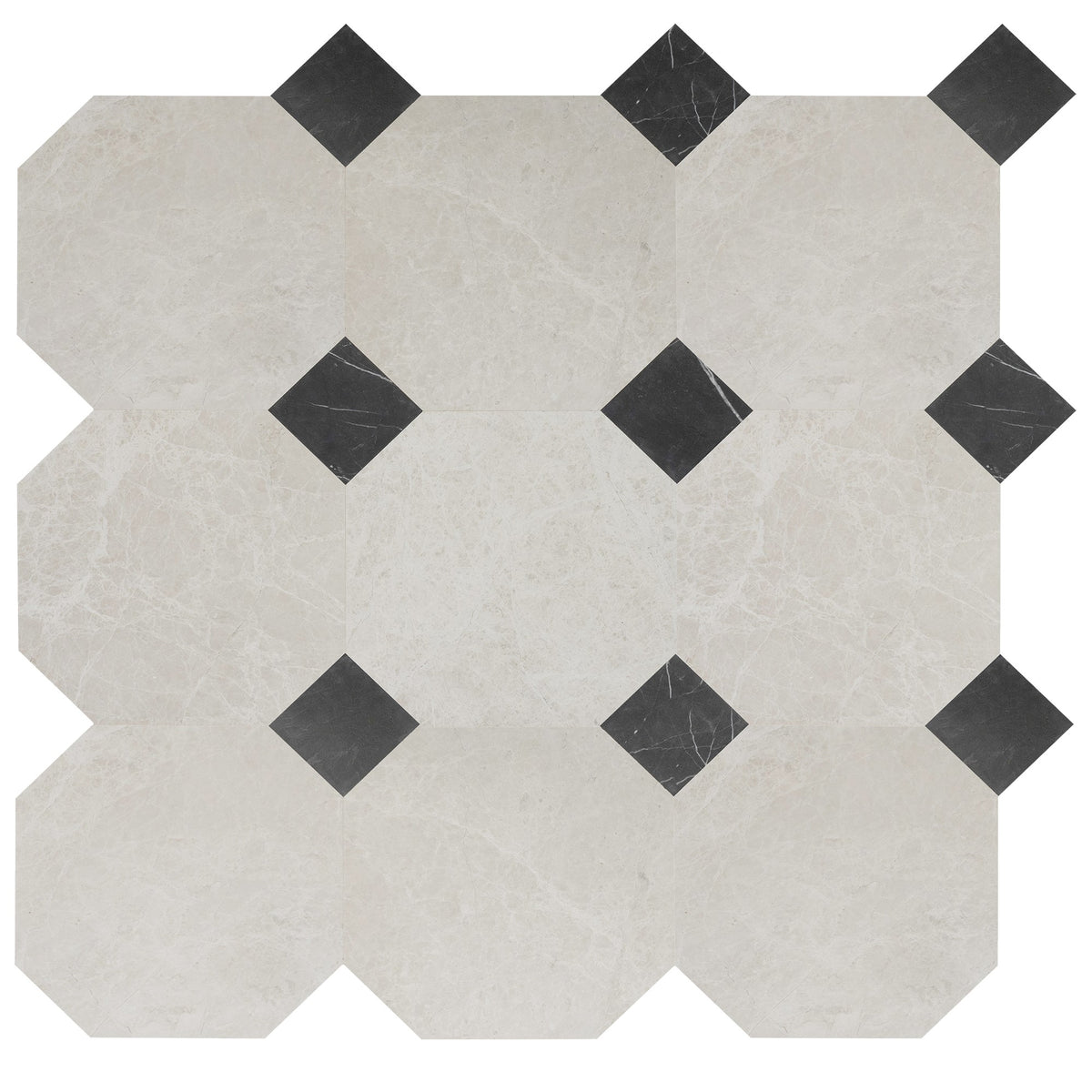 Vanillish Pearl Honed Octagon 12&#39;&#39; 3/8&#39;&#39; Field Tile &amp; Black Silk Honed 4&#39;&#39; x 4&#39;&#39;  x 3/8&#39;&#39; Field Tile | Octagon with Cabochon