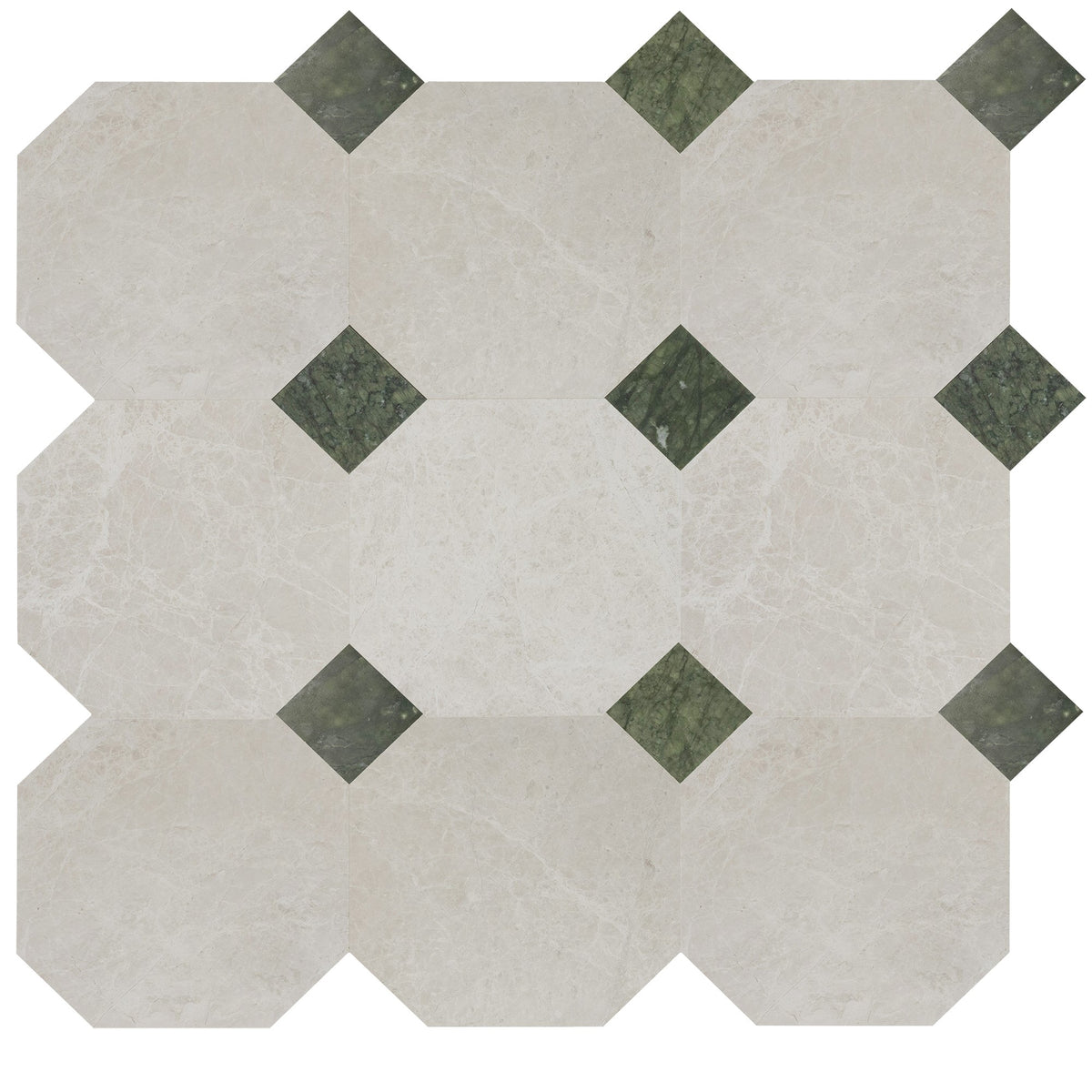 Vanillish Pearl Honed Octagon 12&#39;&#39; 3/8&#39;&#39; Field Tile &amp; Verde Ming Honed 4&#39;&#39; x 4&#39;&#39;  x 3/8&#39;&#39; Field Tile | Octagon with Cabochon