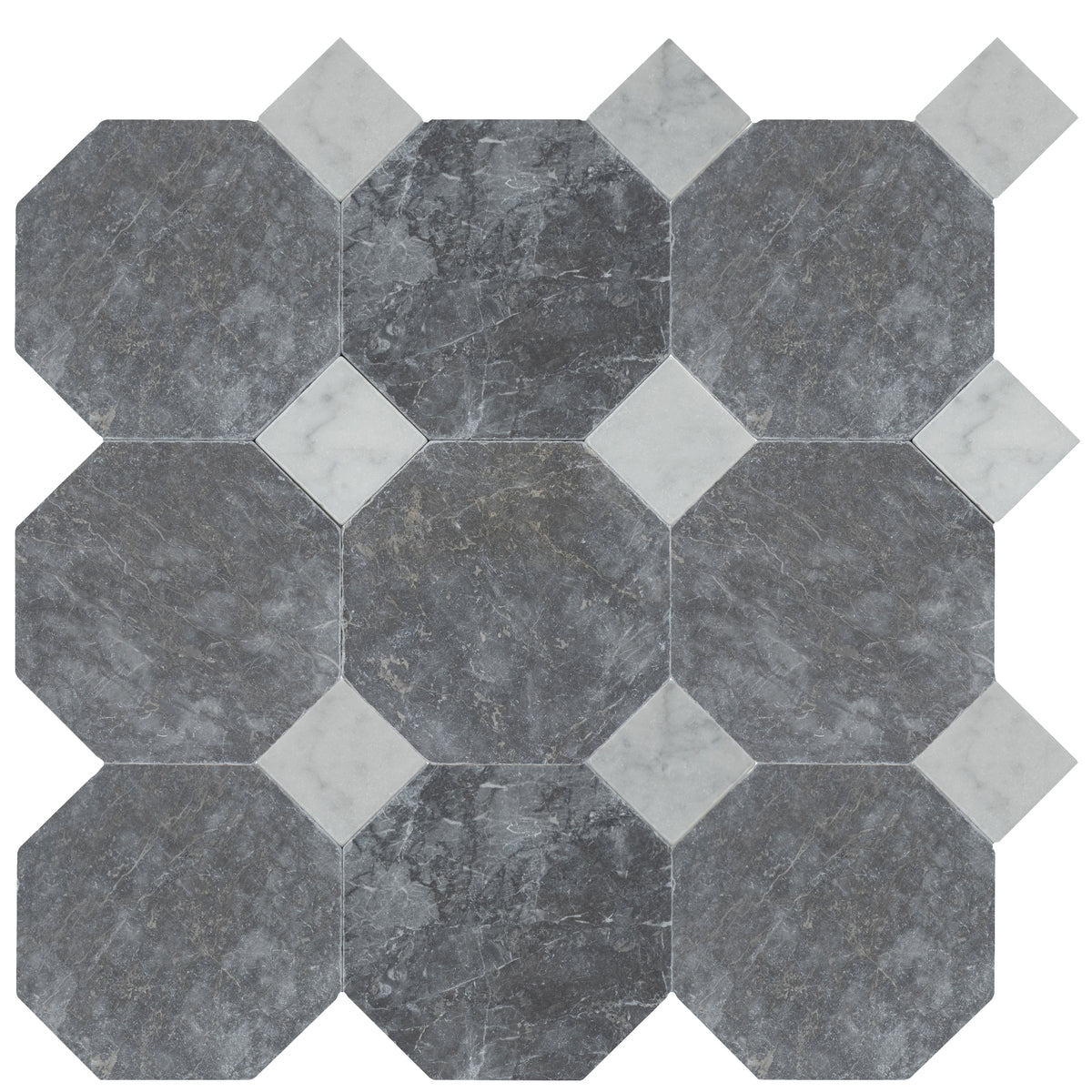 Lovina Grey Tumbled Octagon 8&#39;&#39; 3/8&#39;&#39; Field Tile &amp; Bianco Carrara Tumbled 3&#39;&#39; x 3&#39;&#39;  x 3/8&#39;&#39; Field Tile | Octagon with Cabochon