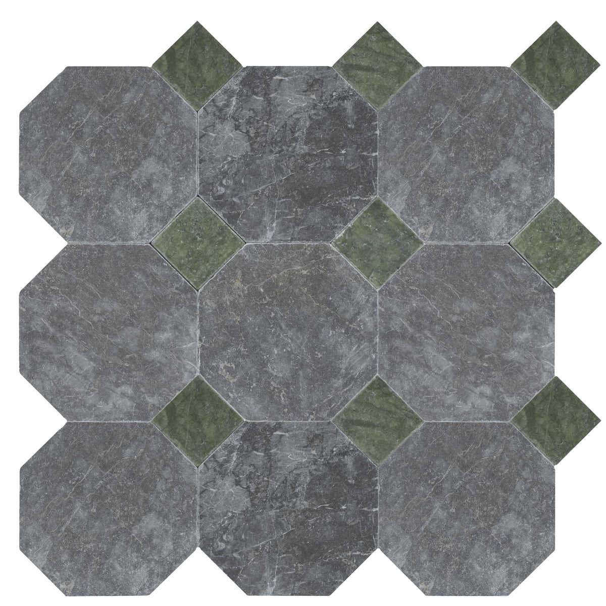 Lovina Grey Tumbled Octagon 8&#39;&#39; 3/8&#39;&#39; Field Tile &amp; Verde Ming Tumbled 3&#39;&#39; x 3&#39;&#39;  x 3/8&#39;&#39; Field Tile | Octagon with Cabochon