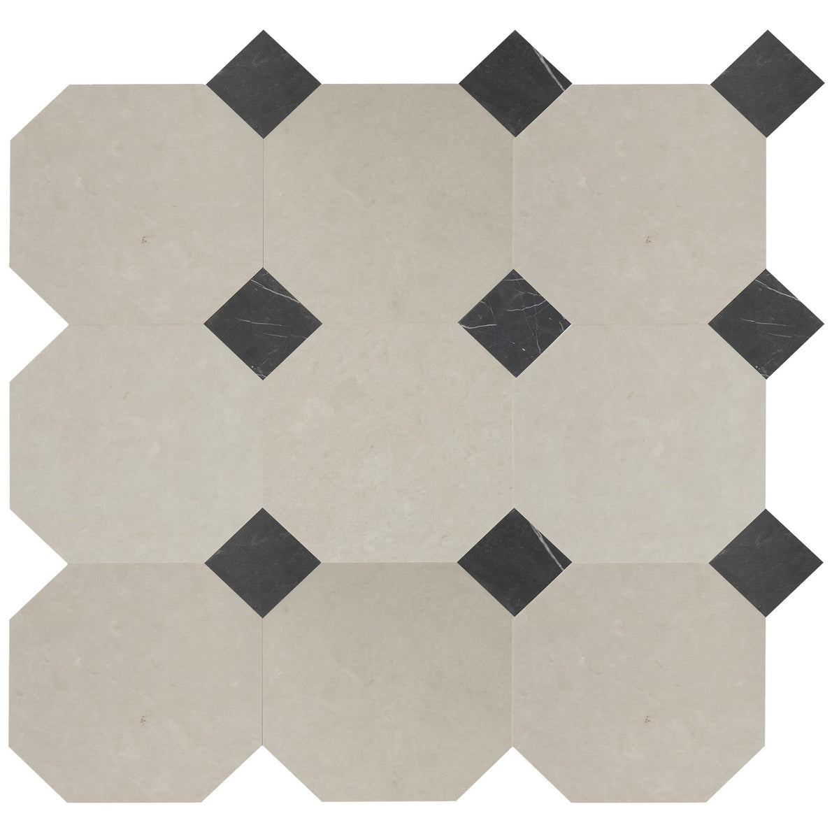 Crema Ella Honed Octagon 12&#39;&#39; 3/8&#39;&#39; Field Tile &amp; Black Silk Honed 4&#39;&#39; x 4&#39;&#39;  x 3/8&#39;&#39; Field Tile | Octagon with Cabochon