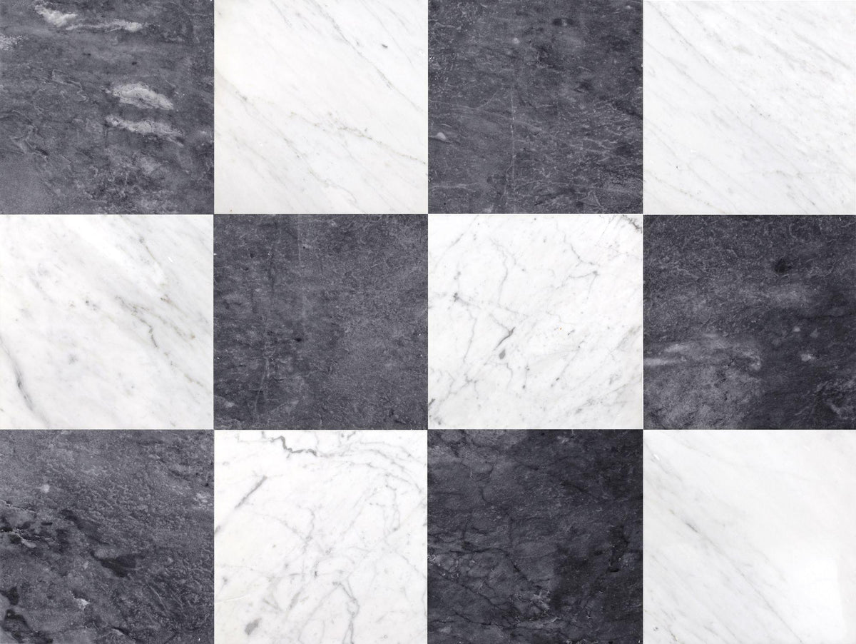 Bianco Carrara Honed &amp; Black Storm Honed 12&#39;&#39; x 12&#39;&#39;  x 3/8&#39;&#39; Checker Board Field Tile