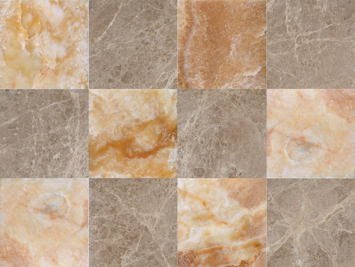 Amber Onyx Polished &amp; Emperador Light Polished 12&#39;&#39; x 12&#39;&#39;  x 3/8&#39;&#39; Checker Board Field Tile