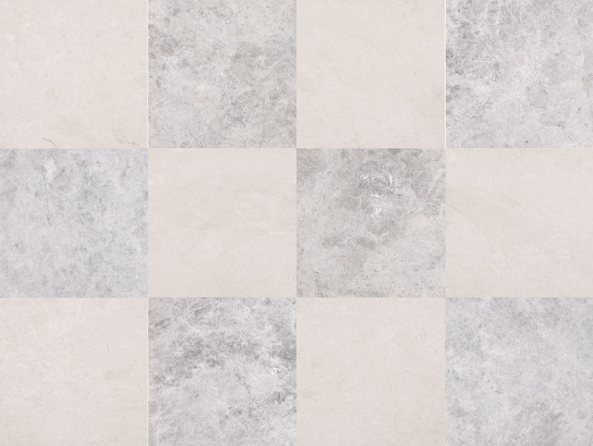 Crema Ella Honed &amp; Tundra Grey Honed 12&#39;&#39; x 12&#39;&#39;  x 3/8&#39;&#39; Checker Board Field Tile