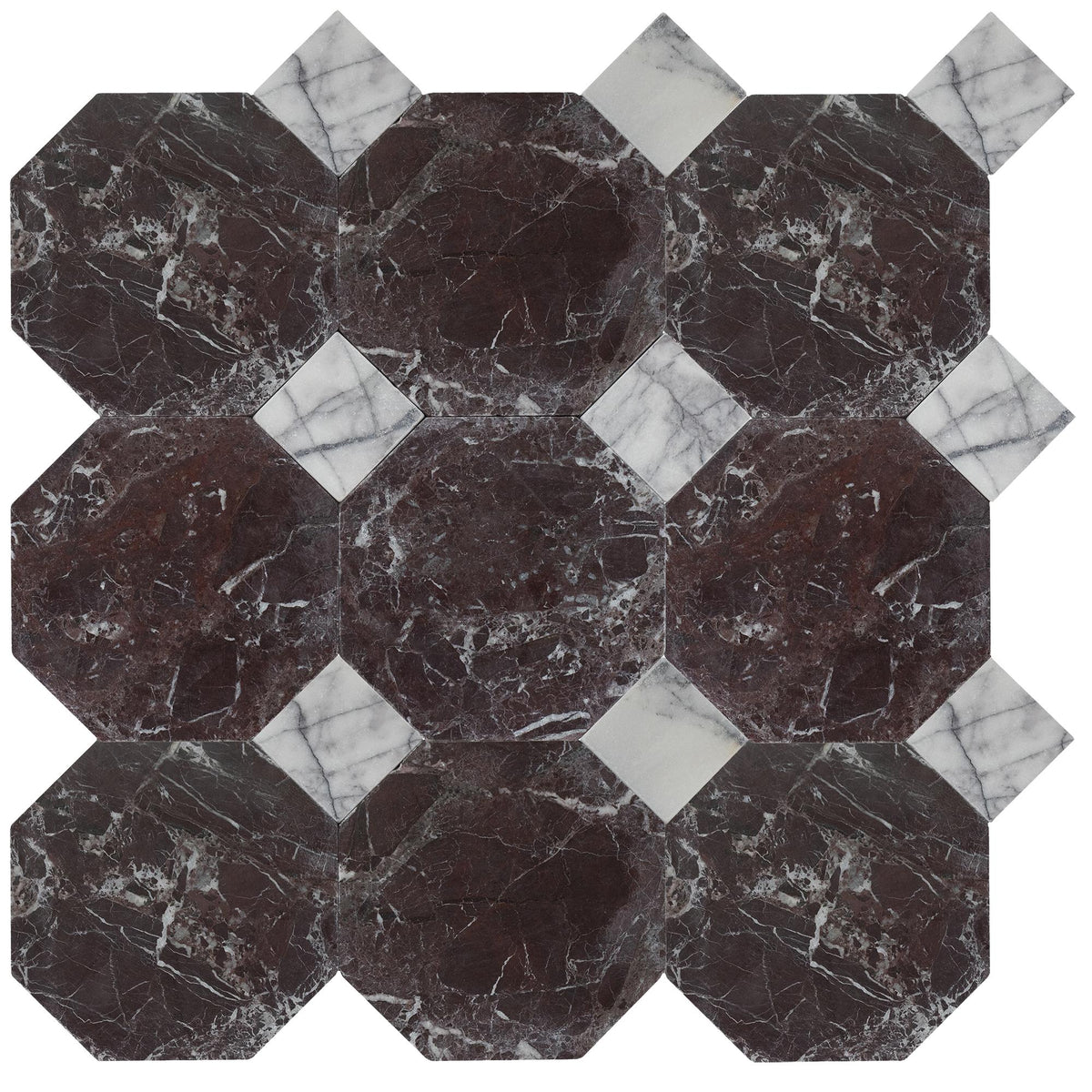 Rosso Levanto Tumbled Octagon 8&#39;&#39; 3/8&#39;&#39; Field Tile &amp; Violeta Tumbled 3&#39;&#39; x 3&#39;&#39;  x 3/8&#39;&#39; Field Tile | Octagon with Cabochon