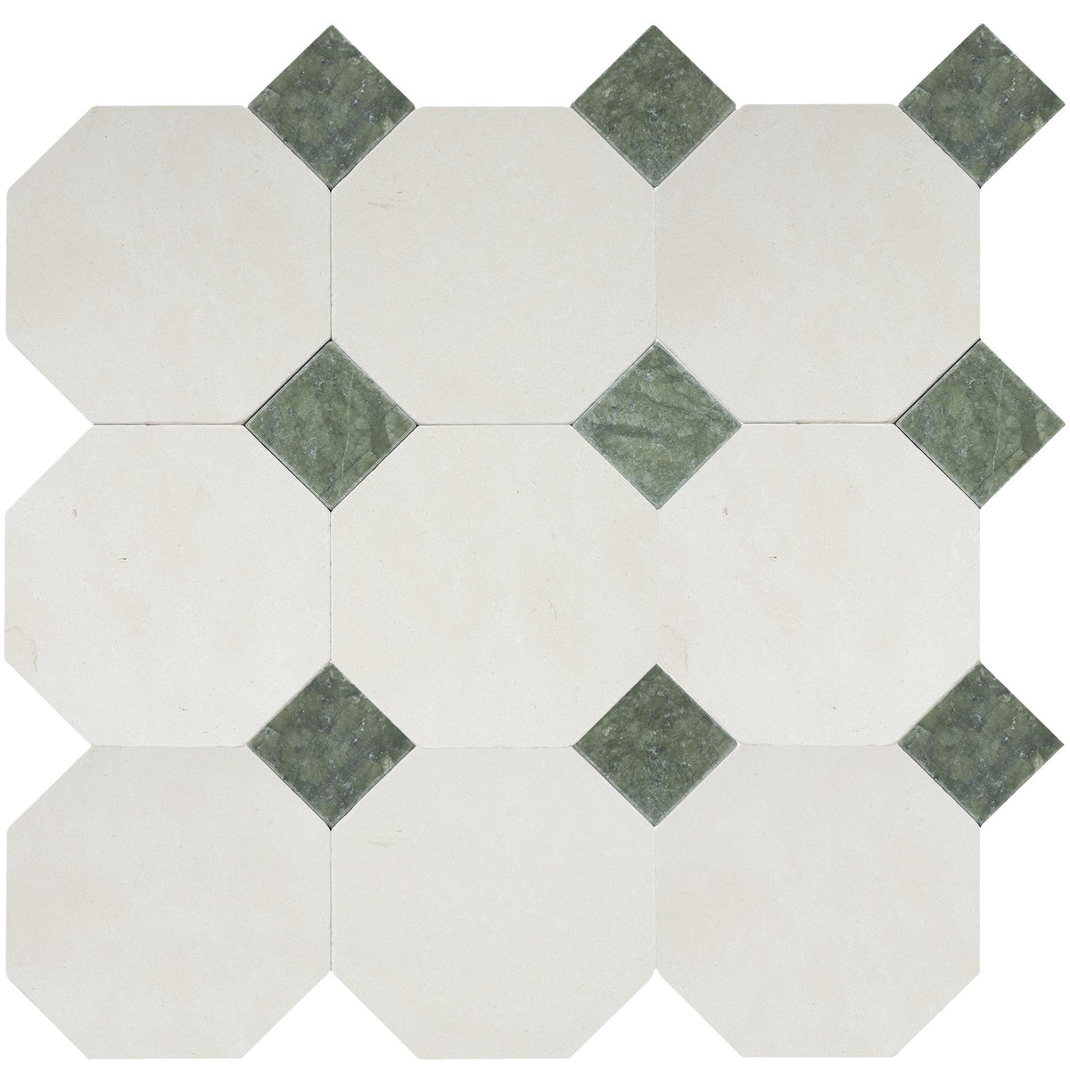 Simena Tumbled Octagon 8&#39;&#39; 3/8&#39;&#39; Field Tile &amp; Verde Ming Tumbled 3&#39;&#39; x 3&#39;&#39;  x 3/8&#39;&#39; Field Tile | Octagon with Cabochon