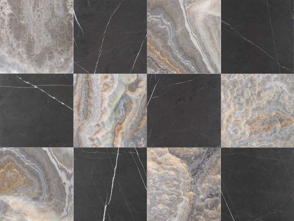 Dover Grey Onyx Honed &amp; Mount Grey Plain Honed 12&#39;&#39; x 12&#39;&#39;  x 3/8&#39;&#39; Checker Board Field Tile