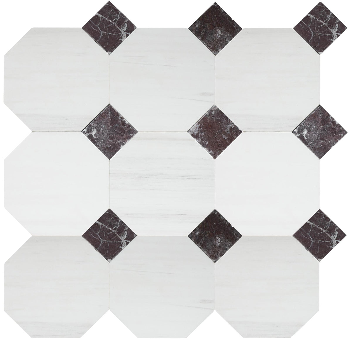 Glacier White Tumbled Octagon 8&#39;&#39; 3/8&#39;&#39; Field Tile &amp; Rosso Levanto Tumbled 3&#39;&#39; x 3&#39;&#39;  x 3/8&#39;&#39; Field Tile | Octagon with Cabochon