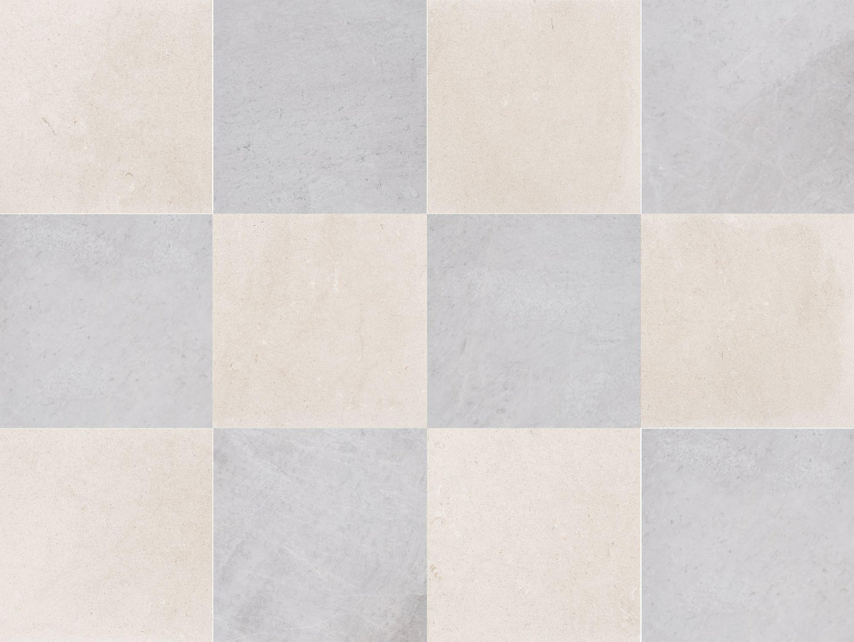 Ice Grey Honed &amp; Simena Honed 12&#39;&#39; x 12&#39;&#39;  x 3/8&#39;&#39; Checker Board Field Tile