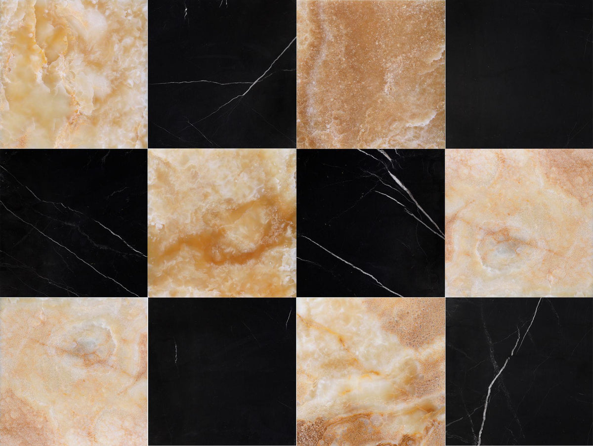 Black Silk Polished &amp; Amber Onyx Polished 12&#39;&#39; x 12&#39;&#39;  x 3/8&#39;&#39; Checker Board Field Tile