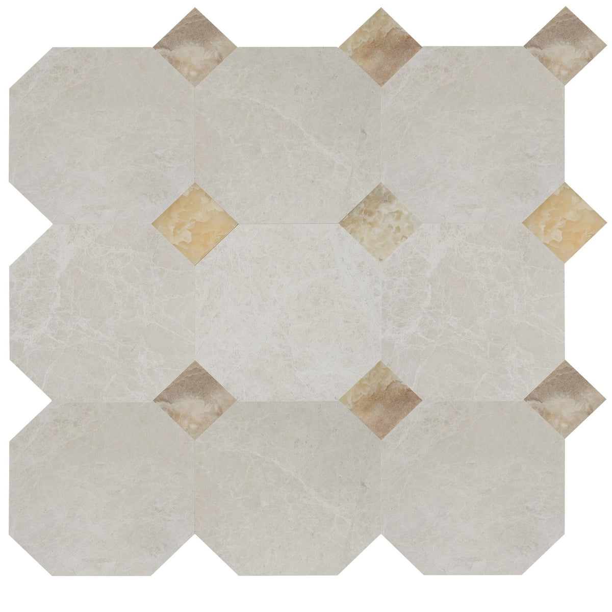 Vanillish Pearl Honed Octagon 12&#39;&#39; 3/8&#39;&#39; Field Tile &amp; Amber Onyx Honed 4&#39;&#39; x 4&#39;&#39;  x 3/8&#39;&#39; Field Tile | Octagon with Cabochon