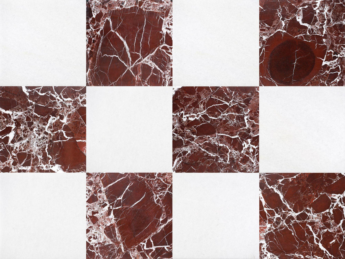 Rosso Levanto Polished &amp; Snow White Polished 12&#39;&#39; x 12&#39;&#39;  x 3/8&#39;&#39; Checker Board Field Tile