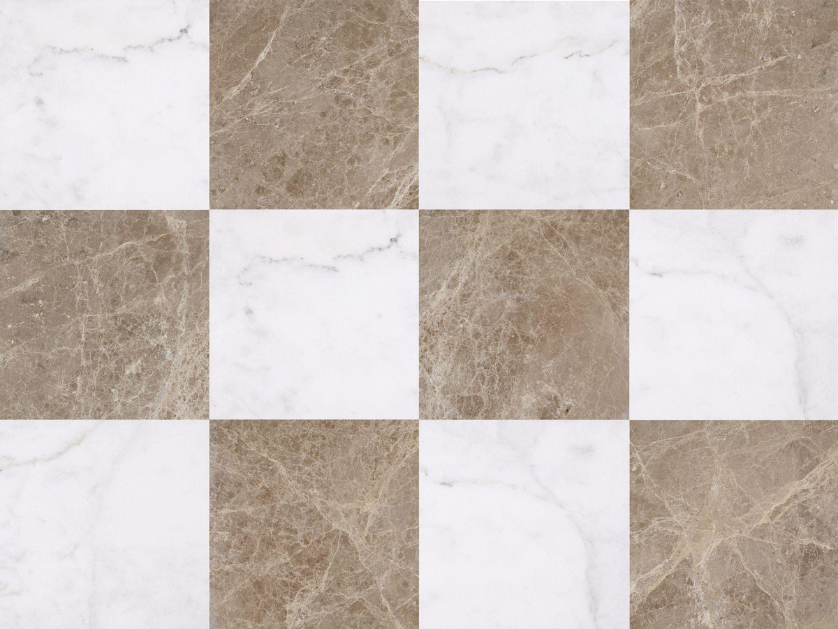 Alba Vera Polished &amp; Emperador Light Polished 12&#39;&#39; x 12&#39;&#39;  x 3/8&#39;&#39; Checker Board Field Tile