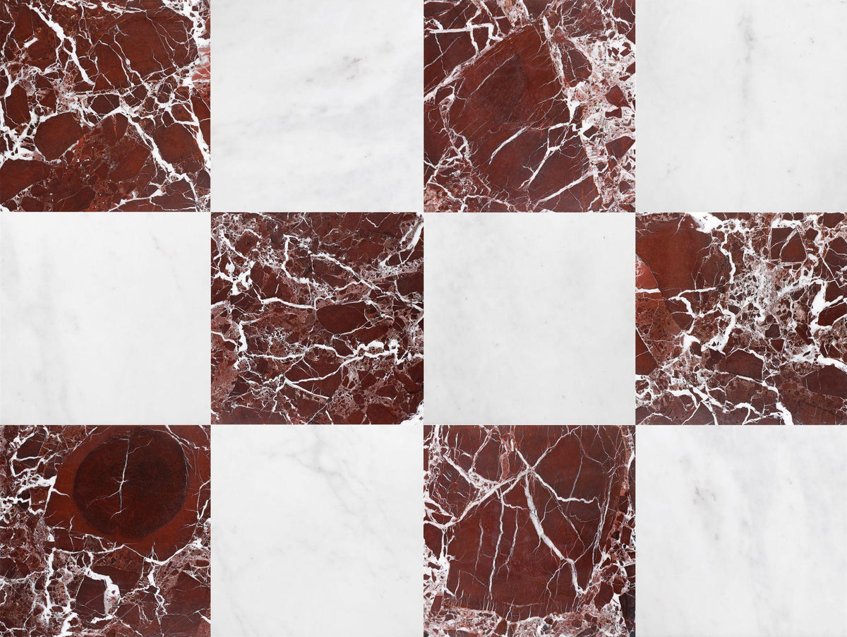 Afyon White Polished &amp; Rosso Levanto Polished 12&#39;&#39; x 12&#39;&#39;  x 3/8&#39;&#39; Checker Board Field Tile
