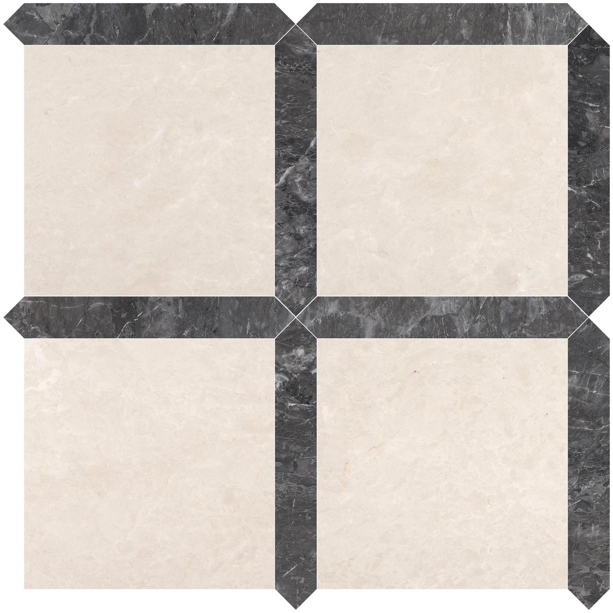 Crema Ella Honed 12&#39;&#39; x 12&#39;&#39;  x 3/8&#39;&#39; Field Tile &amp; Lovina Grey Honed Picket 2&#39;&#39;x12&#39;&#39; 3/8&#39;&#39; Field Tile | Picket Square