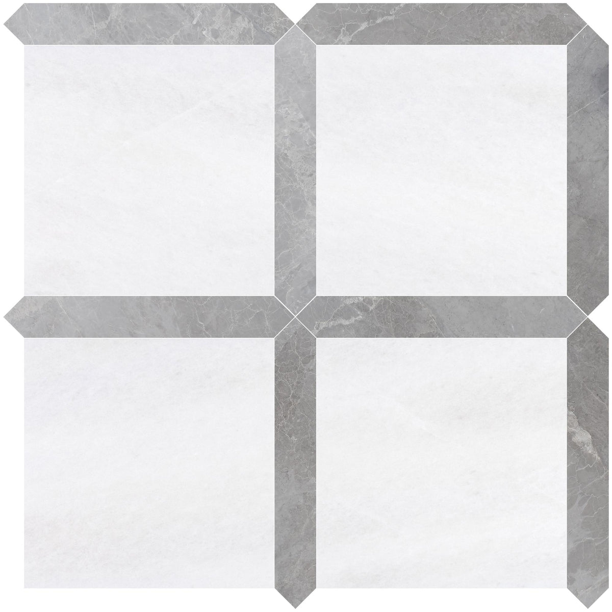 Afyon White Honed 12&#39;&#39; x 12&#39;&#39;  x 3/8&#39;&#39; Field Tile &amp; Earth Grey Honed Picket 2&#39;&#39;x12&#39;&#39; 3/8&#39;&#39; Field Tile | Picket Square