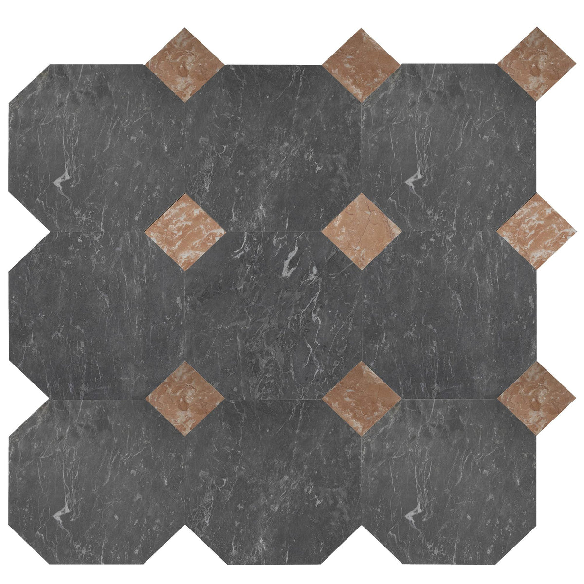 Lovina Grey Honed Octagon 12&#39;&#39; 3/8&#39;&#39; Field Tile &amp; Bellini Honed 4&#39;&#39; x 4&#39;&#39;  x 3/8&#39;&#39; Field Tile | Octagon with Cabochon