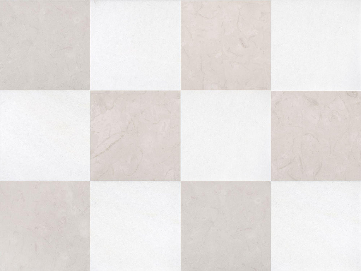 Aero Cream Honed &amp; Snow White Honed 18&#39;&#39; x 18&#39;&#39;  x 1/2&#39;&#39; Checker Board Field Tile