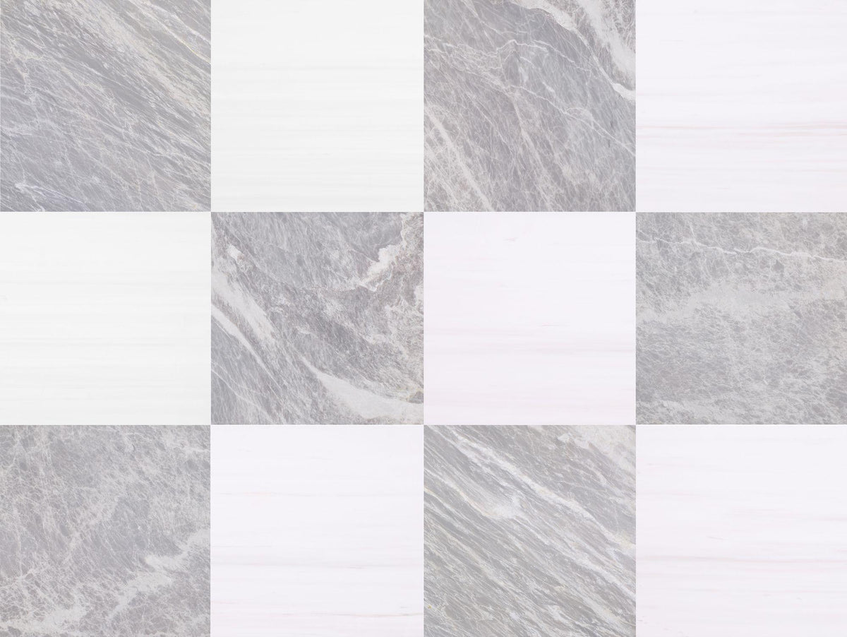 Glacier White Alanur Honed &amp; Nordic Grey Honed 12&#39;&#39; x 12&#39;&#39;  x 3/8&#39;&#39; Checker Board Field Tile