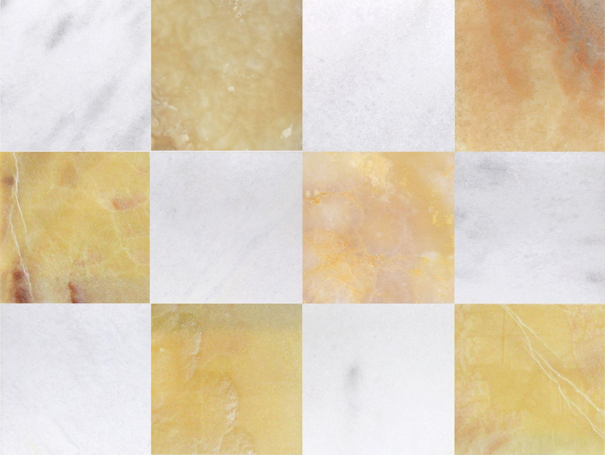 Biarritz White Polished &amp; Honey Onyx Polished 12&#39;&#39; x 12&#39;&#39;  x 3/8&#39;&#39; Checker Board Field Tile