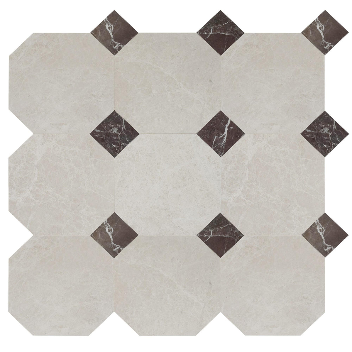 Vanillish Pearl Honed Octagon 12&#39;&#39; 3/8&#39;&#39; Field Tile &amp; Rosso Levanto Honed 4&#39;&#39; x 4&#39;&#39;  x 3/8&#39;&#39; Field Tile | Octagon with Cabochon