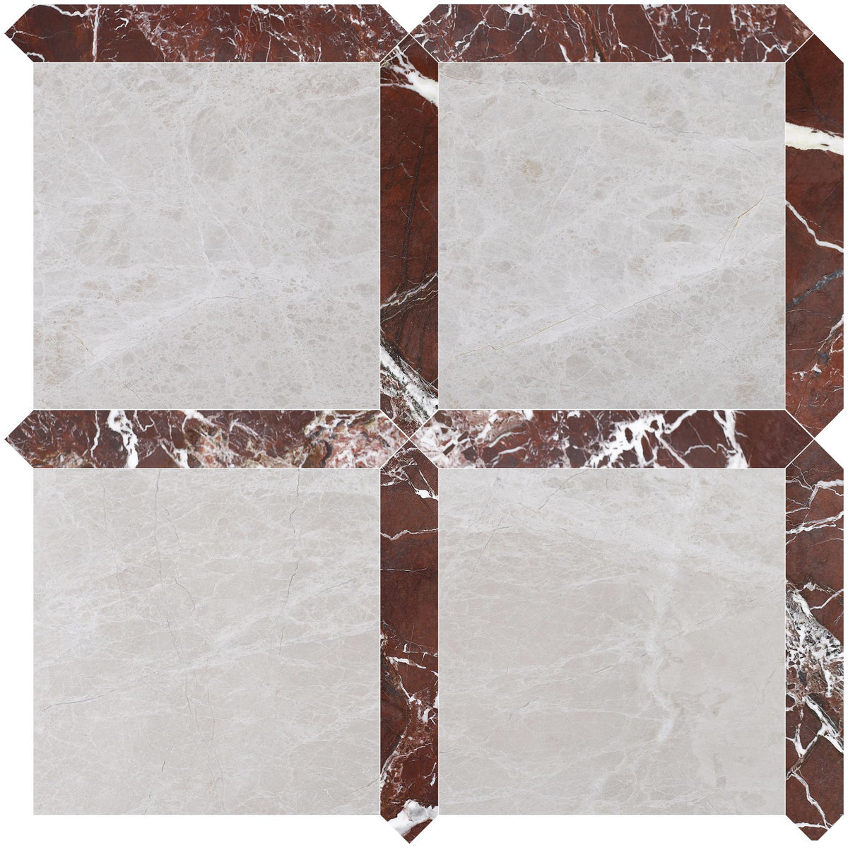 Vanillish Pearl Honed 12&#39;&#39; x 12&#39;&#39;  x 3/8&#39;&#39; Field Tile &amp; Rosso Levanto Honed Picket 2&#39;&#39;x12&#39;&#39; 3/8&#39;&#39; Field Tile | Picket Square